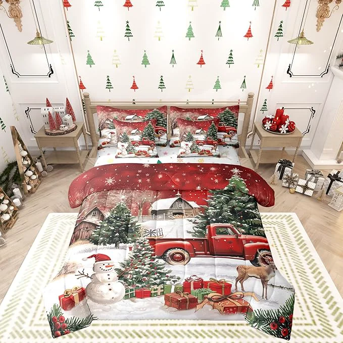 Official Castle Fairy Farmhouse Christmas 7 PCS Comforter Set Xmas Truck Cute Snowman Bedding Set for Kids Girls Rustic Pine Tree Deer Bed in a Bag with Comforter Sheets and Pillow Cases Full Soft