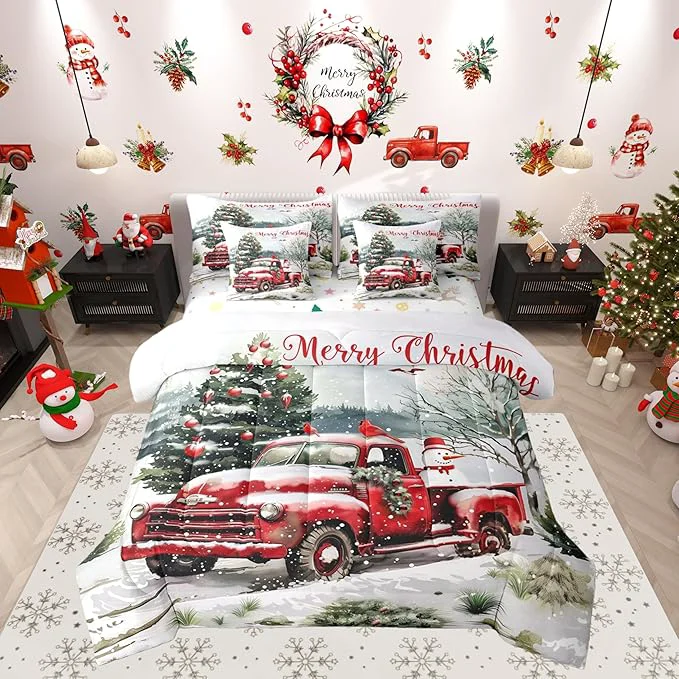 Stylish Castle Fairy Merry Christmas Comforter Set 7 Pieces Red Truck Snowman Bed Set for Adults Winter Pine Tree Bedding Queen with 1 Comforter 1 Fitted Sheet 1 Flat Sheet 2 Pillowcases 2 Throw Pillow Cover Fine