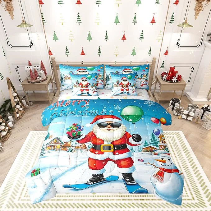 Carefully Designed Castle Fairy Skiing Santa 7 Pieces Bedding Set Twin Bed in a Bag Merry Christmas House Gifts Snowman Comforter Set Farmhouse New Year Decor Soft Warm Microfiber Bedding Versatile