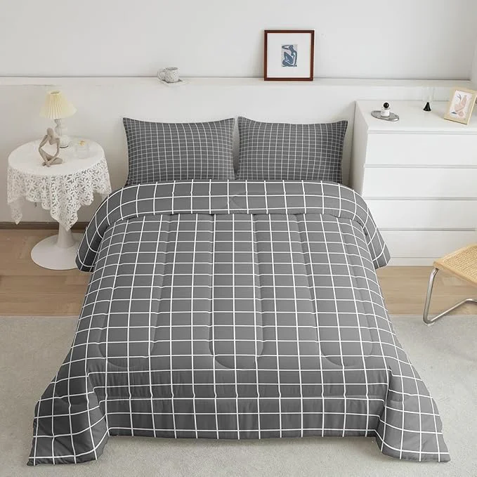 Fast Grey Plaid Comforter Set Buffalo Check Plaid Bedding Set Classic Gingham Pattern Bedding Home Decor Modern Simple Style Comforter Twin Size Quilted Duvet Set 1 Comforter with 1 Pillowcase Functional