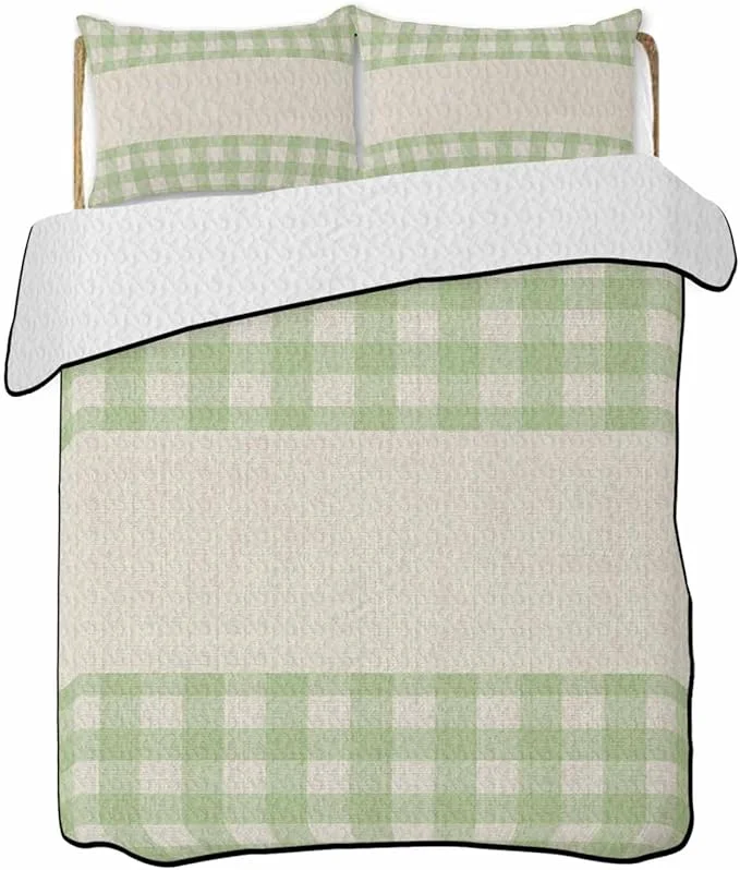 Full Size Quilt Bedding Set Retro Green Lightweight Summer Quilt 3 Pieces Bedding Sets Farmhouse Buffalo Plaid Vintage Beige Reversible Soft Bedspreads Coverlets with 2 Pillow Shams for All Season User-Friendly