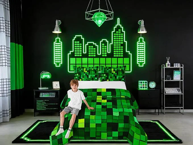 Outstanding Pixelated Blocks Miners Kids Bedding Set King Size Video Games Game Gamepad Comforter Set，Geometric Grid Patchwork Quilt Comforter Green Bedroom Duvet Insert 2 Pillowcases Fashionable