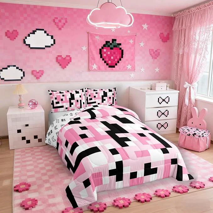 Specialty Manfei Pixelated Miners Kid Comforter Set Full Size Video Game Game Gamepad Bedding Set Boy Room Decor Geometric Grid Square Quilt Comforter Black Pink White Duvet Set Bedroom Quilt Set 2 Pillowcases Smart