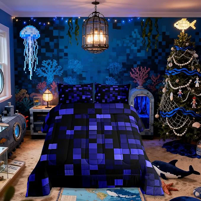Practical Pixelated Miners Game Kids Bedding Set King Size Video Games Cartoon Gamepad Comforter Set，Modern Geometric Check Quilt Comforter Dark Blue Bedroom Duvet Insert 2 Pillowcases Original Design