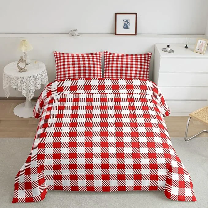Trendy Manfei Red Plaid Bedding Set Queen Size Buffalo Check Plaid Comforter Classic Gingham Pattern Comforter Set Red White Grid Duvet Set 3Pcs Quilt Set 1 Comforter Set with 2 Pillowcase Soft