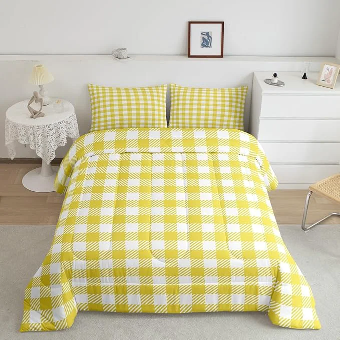Exclusive Manfei Yellow Plaid Comforter Set Buffalo Check Plaid Bedding Set Classic Gingham Pattern Bedding Home Decor Yellow White Scottish Comforter Full Size Quilted Duvet Set 1 Comforter with 2 Pillowcase Reusable