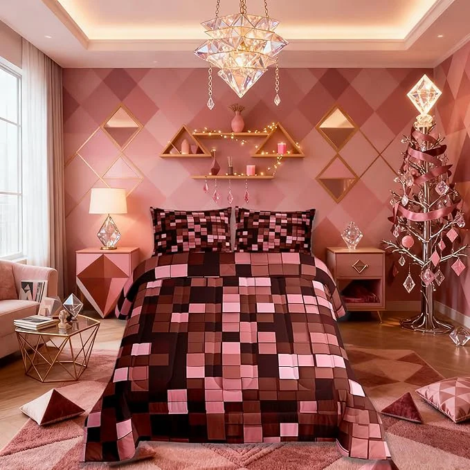 Secure Miners Pixel Checked Kids Bedding Set King Size Video Games Check Lattice Comforter Set，Game Cartoon Gamepad Quilt Comforter Dark Red Bedroom Duvet Insert 2 Pillowcases Casual
