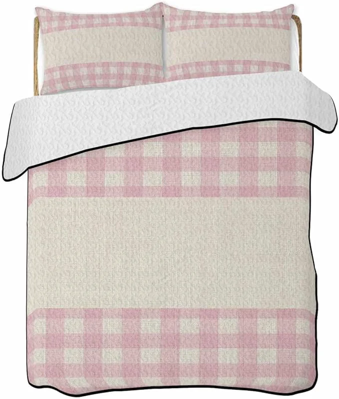 Fashionable Twin XL Quilt Bedding Set Retro Pink Lightweight Summer Quilt 3 Pieces Bedding Sets Farmhouse Buffalo Plaid Vintage Beige Reversible Soft Bedspreads Coverlets with 2 Pillow Shams for All Season User-Friendly
