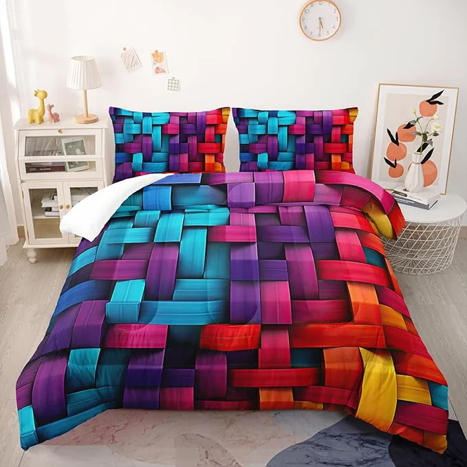 Durable Colorful Checkered Comforter Set Full 3D Grid Bedding Sets 3PCS for Kids Teen Adult Room Decor Ultra-Soft Lightweight Microfiber 1 Comforter with 2 Pillowcases Genuine
