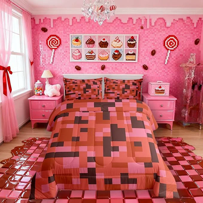 Prestigious Pixelated Miners Game Comforter Set Full Size Camo Geometric Check Kids Bedding Set Reversible Gamepad Video Games Quilt Comforter Red Brown Duvet Insert 2 Pillowcases Minimalist