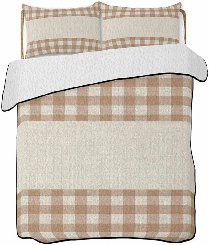 Solid Full Size Quilt Bedding Set Retro Brown Lightweight Summer Quilt 3 Pieces Bedding Sets Farmhouse Buffalo Plaid Vintage Beige Reversible Soft Bedspreads Coverlets with 2 Pillow Shams for All Season Practical