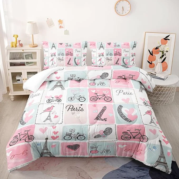 Elegant Pink Eiffel Tower Comforter Set Queen Paris Theme Bedding Sets 3PCS for Kids Teen Adult Girl Room Decor Ultra-Soft Lightweight Microfiber 1 Comforter with 2 Pillowcases Verified