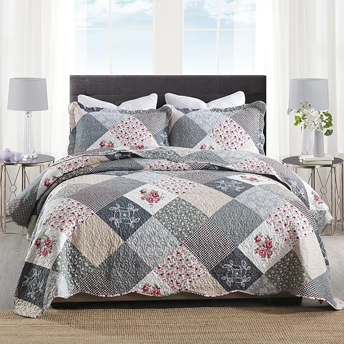 Original HoneiLife Quilt Set Twin Size – 2 Piece Microfiber Quilts Reversible Bedspreads Patchwork Coverlets Floral Bedding Set All Season Quilts with Geometric and Little Rose Print Pattern，Grey Easy-to-Use