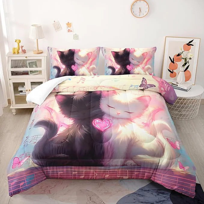 Fast Cute Cat Comforter Set Queen Pink Black Cat Bedding Sets 3PCS for Kids Teen Adult Kawaii Room Decor Ultra-Soft Lightweight Microfiber 1 Comforter with 2 Pillowcases High-End