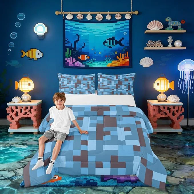 Fine Crafted Pixel Grid Miners Comforter Set King Size Reversible Gamepad Video Games Kids Bedding Set Army Camo Geometric Quilt Comforter Black Light Blue Duvet Insert 2 Pillowcases Professional