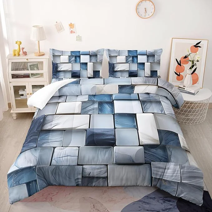 Green Blue Gray Checkered Comforter Set Twin 3D Grid Bedding Sets 3PCS for Kids Teen Adult Boy Room Decor Ultra-Soft Lightweight Microfiber 1 Comforter with 2 Pillowcases Traditional