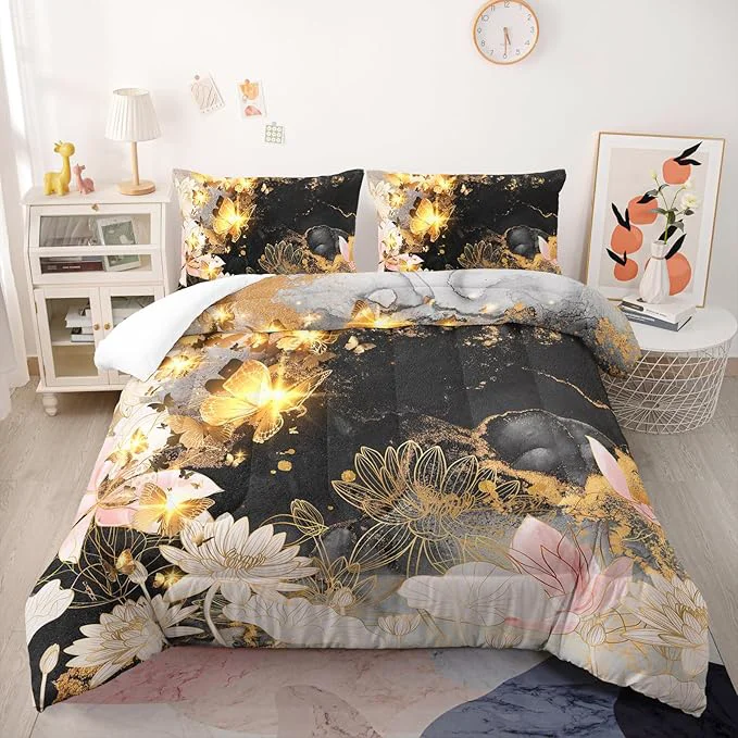 Easy-to-Use Butterfly Flowers Comforter Set Queen Lotus Floral Bedding Sets 3PCS for Kids Teen Adult Room Decor Ultra-Soft Lightweight Microfiber 1 Comforter with 2 Pillowcases Casual