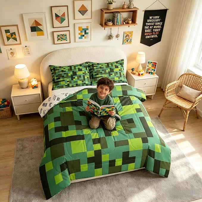 Original Design Manfei Pixel Grid Miners Bedding Set Twin Size Geometric Grid Patchwork Pixelated Comforter Set，Cartoon Gamepad Video Games Quilt Comforter Boys Teens Cyan Green Room Decor All Season 1 Pillowcase