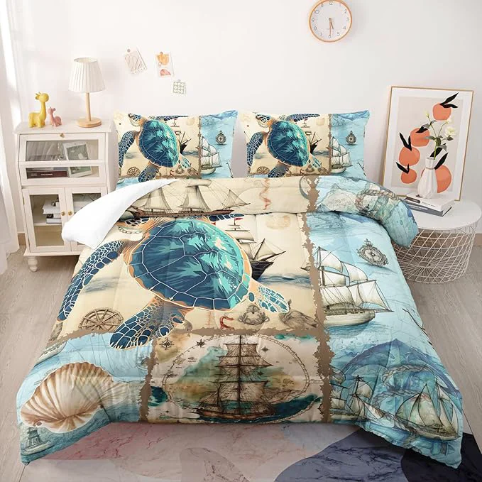 Sophisticated Sea Turtle Comforter Set Full Navigation Theme Bedding Sets 3PCS for Kids Teen Adult Sailboats Room Decor Ultra-Soft Lightweight Microfiber 1 Comforter with 2 Pillowcases Luxury