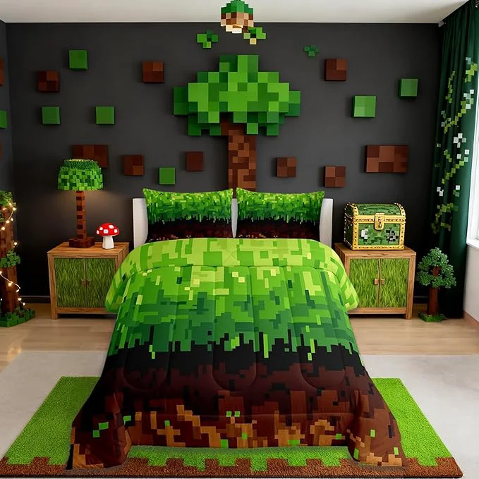 Top-Quality Manfei Pixelated Bedding Set Twin Size Patchwork Grid Video Games Comforter Set Miners Lattice Simple Quilt Comforter Boys Teens Brown Green Room Decor All Season 1 Pillowcase Expertly Made