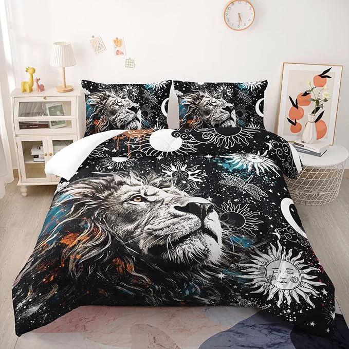 Sustainable Galaxy Lion Comforter Set Twin Sun and Moon Bedding Sets 3PCS for Kids Teen Adult Room Decor Ultra-Soft Lightweight Microfiber 1 Comforter with 2 Pillowcases Casual