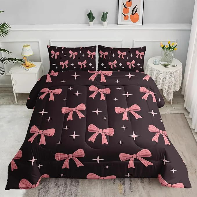 Comfortable Pink Cute Bow Comforter Set for Girls Full Size Pink Bowknot and Stars Comforter Colorful Bedding for Kids Boys Girls Girly Kawaii Princess Themed Quilt Set 1 Comforter 2 Pillowcases Casual