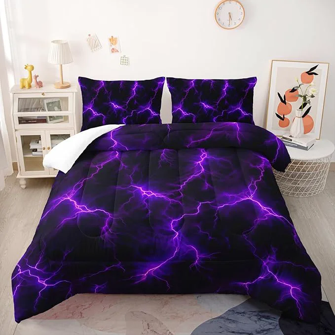Carefully Designed Violet Lightning Comforter Set King Thunder Bedding Sets 3PCS for Kids Teen Adult Violet Room Decor Ultra-Soft Lightweight Microfiber 1 Comforter with 2 Pillowcases Functional