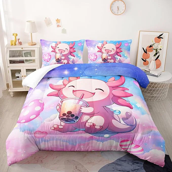 Original Design Cute Salamander Comforter Set Full Kawaii Axolotl Bedding Sets 3PCS for Kids Teen Adult Girl Room Decor Ultra-Soft Lightweight Microfiber 1 Comforter with 2 Pillowcases Healthy