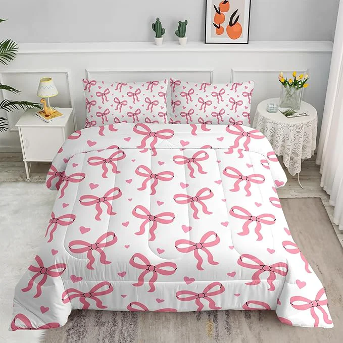 Fast Pink Bowknot Comforter for Girls 3 Pieces Princess Bowknot Bedding Queen Size Kawaii Bow-tie Bed Set for Kids Women Pink Cute Bow Bedding Girls Bedroom Comforter Set 1 Quilt 2 Pillowcases High-Quality