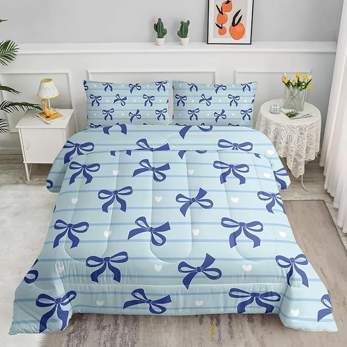Relaxed 3Pcs Bow Bedding for Girls Blue Bowknot and White Love Heart Printed Bedding Set King Size Blue Striped Comforter for Teens Boys Girls Kawaii Cartoon Comforter Set 1 Quilt 2 Pillowshams Minimalist
