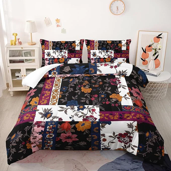 Elegant Boho Floral Comforter Set Twin Size Checkered Flower Bedding Sets 3PCS for Kids Teen Adult Retro Flowers Room Decor Ultra-Soft Lightweight Microfiber 1 Comforter with 2 Pillowcases Selected