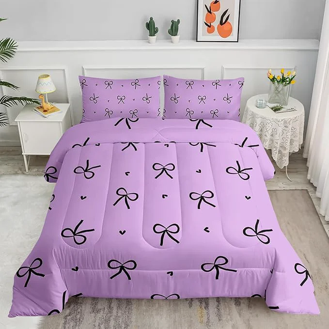 Artisan 3 Pieces Purple Kawaii Bedding Set for Girls Black Bowknot Comforter Full Size Cute Bow Tie Knot and Love Bedding for Women Girls Kids Romantic Princess Quilt Set 1 Comforter 2 Pillowcases Fast