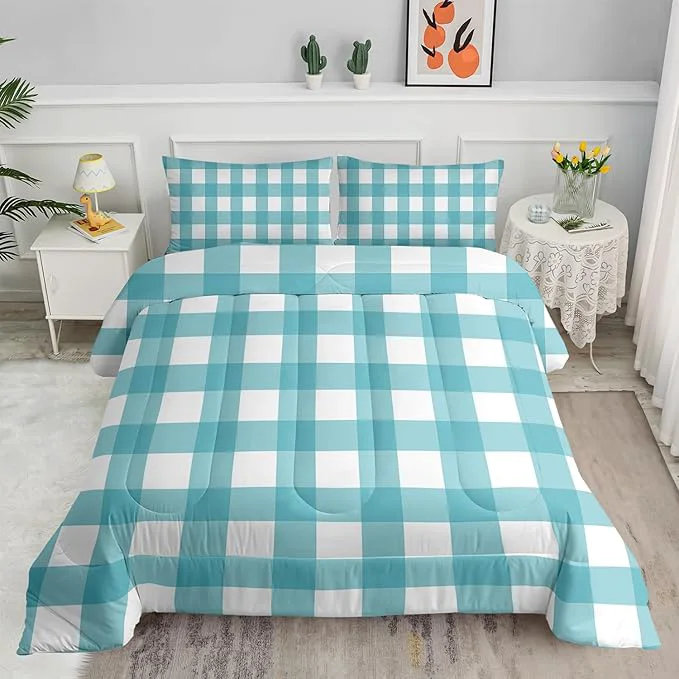 High-Grade 3Pcs Gingham Bedding for Girls Geometric Patchwork Comforter Set for Boys Girls Kids Teal Plaid Checkered Comforter for Kids King Size Vintage Farmhouse Bedding Set 1 Quilt 2 Pillowshams Versatile