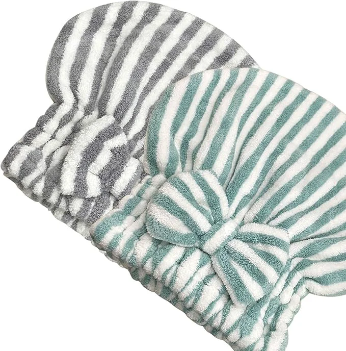 Professional Jseng 2PC Microfiber Hair Drying Caps Stripe Extreme Soft Ultra Absorbent Recyclable