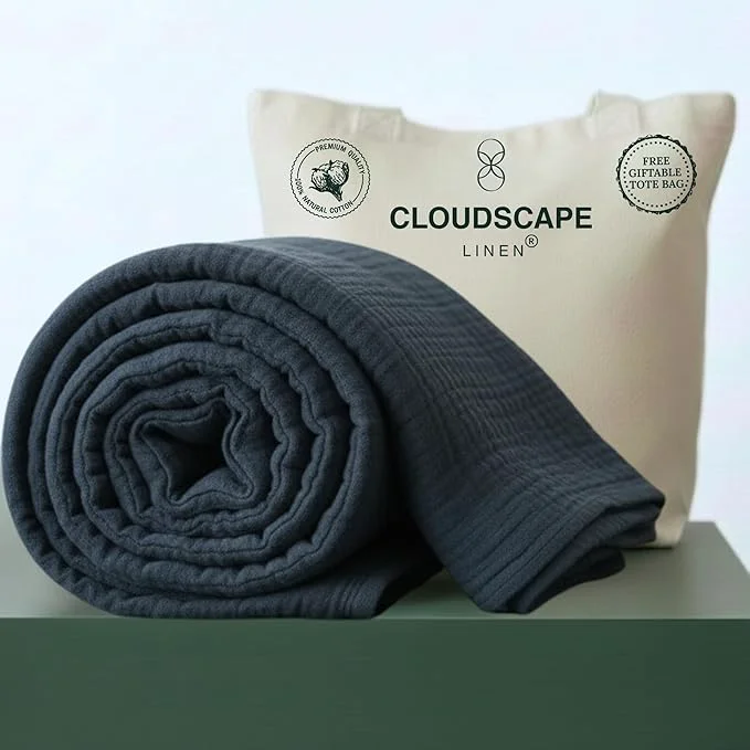Traditional CLOUDSCAPE Cotton Muslin Blanket King Size for Bed – Oversized 4 Layer 108×92 Fits Cal King Bed – Soft Breathable Gauze Lightweight All Season Summer Layering Blankets for Adults-Ensign Blue Unique