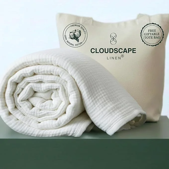 World-Class CLOUDSCAPE Cotton 4 Layer Muslin Blanket Queen Size Oversized 92×92 Fits Upto Full Size Bed Soft Breathable Gauze Lightweight Layering Summer Blanket for Adults Spring Gift Idea- White Original