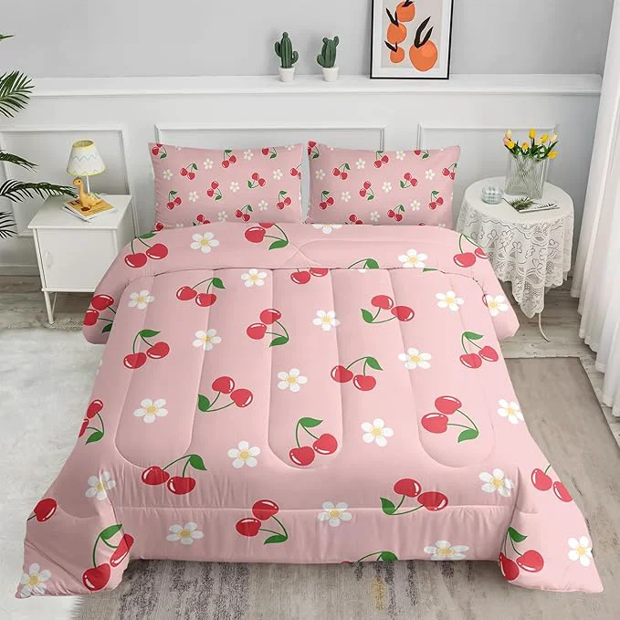 Powerful Pink Kawaii Bedding Set for Girls 3Pcs Cute Cartoon Fruit Printed Bedding Full Size Cherries and Flowers Comforter for Kids Girls Women Lovely Pink Floral Comforter Set 1 Quilt 2 Pillowcases Minimalist