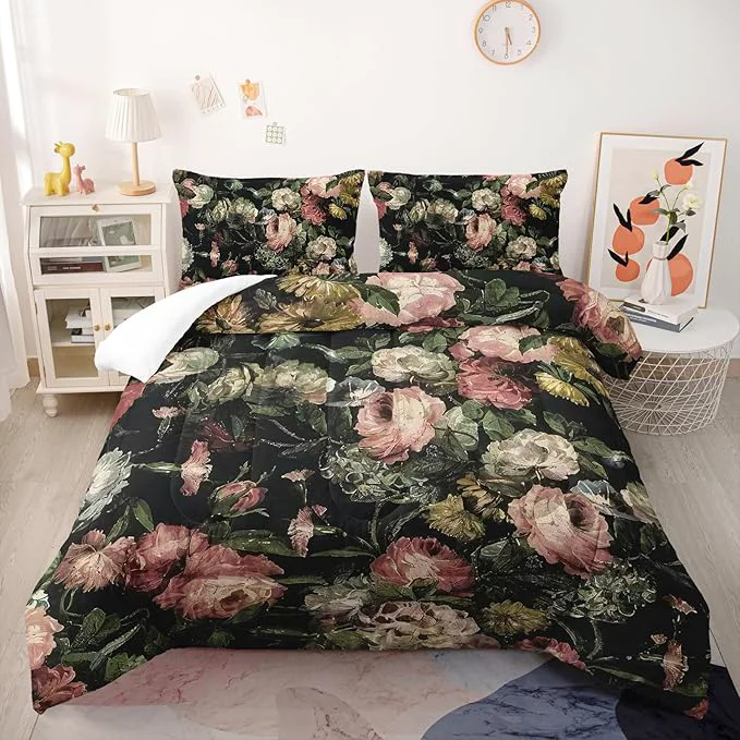 Breathable Boho Floral Comforter Set Full Black Floral Bedding Sets 3PCS for Kids Teen Adult Flowers Leaves Room Decor Ultra-Soft Lightweight Microfiber 1 Comforter with 2 Pillowcases High-Performance