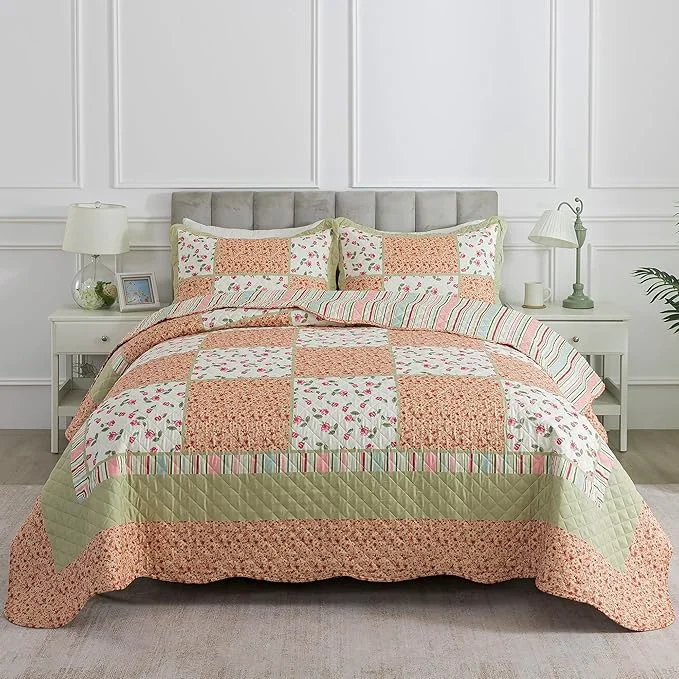 Safe HoneiLife Queen Size Quilt Sets – Microfiber Quilt Set 3-Piece Lightweight Bedspreads Reversible Coverlets Retro Bed Cover Floral Bedding Set Queen Quilt Bedding Sets for All Season Use Fine Crafted