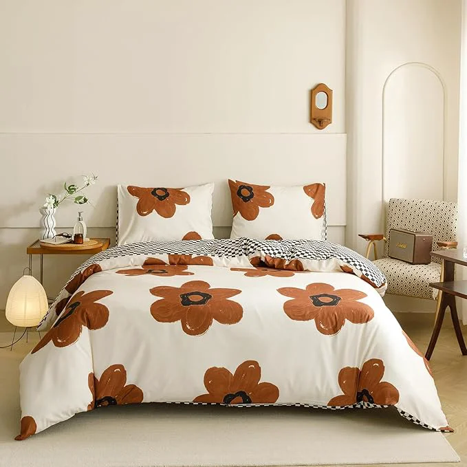 Specialty KAREVER Pumpkin Floral Comforter Cal King White with Pumpkin Flower Bedding Set 3 PCs Comforter Set California King Size Comforter 104×96 Inches with 2 Pillowcases 26×36 inches Authentic