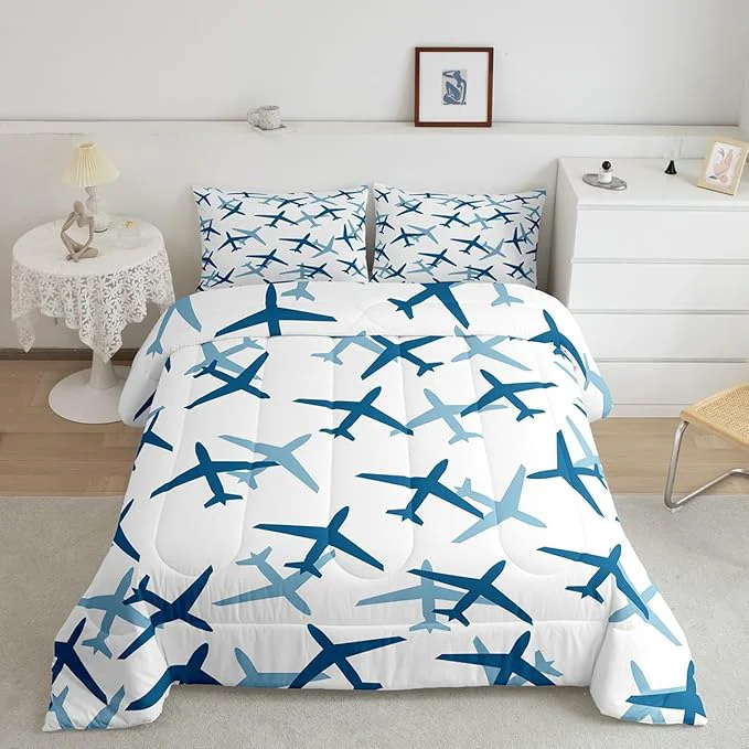 Casual Kids Aircraft Bed Comforters Set Queen Size Cartoon Transportation Vehicles Super Soft Microfiber Bedding Set for Boys Girls Boys Airplane Blue White Room Decorative Comforter Set 2 Pillowcase Elegant