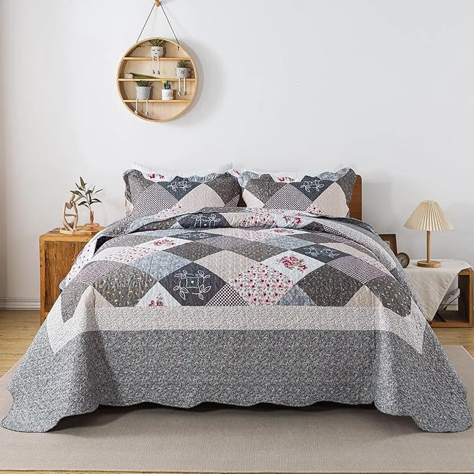 Crafted HoneiLife Twin Quilt Bedding Set – Lightweight Bedspreads 2-Piece Microfiber Quilt Sets Reversible Coverlets Retro Bed Cover Quilt Twin Size All Season Quilts-Grey Breathable