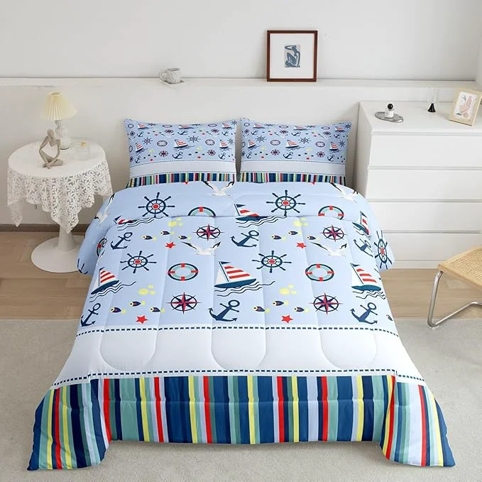 Sustainable Nautical Anchor Queen Size Comforter Set Ocean Fish Seagull Blue Down Comforter Adults Bedroom Decor Outdoor Adventure Red Blue Stripes Ultra Soft Microfiber Inner Fill 3Pcs Bedding High-Performance