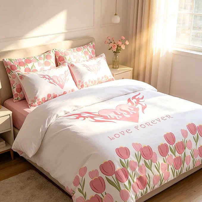 Artisan Girls Pink Floral Comforter Set Full Size Pink Tulip Soft Microfiber Bedding Set with Love Heart Pattern 3Pieces All Season Lightweight Summer Comforter Set for Girls High-Grade
