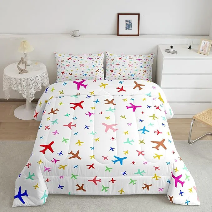 Exclusive Castle Fairy Kids Aircraft Comforter Set King Watercolor Transportation Vehicles Bedding Set for Boys Girls Teens Bedroom Decor Boys Airplanes Colorful Quilt Set Super Soft Duvet Set Gift for Her Him Artisan