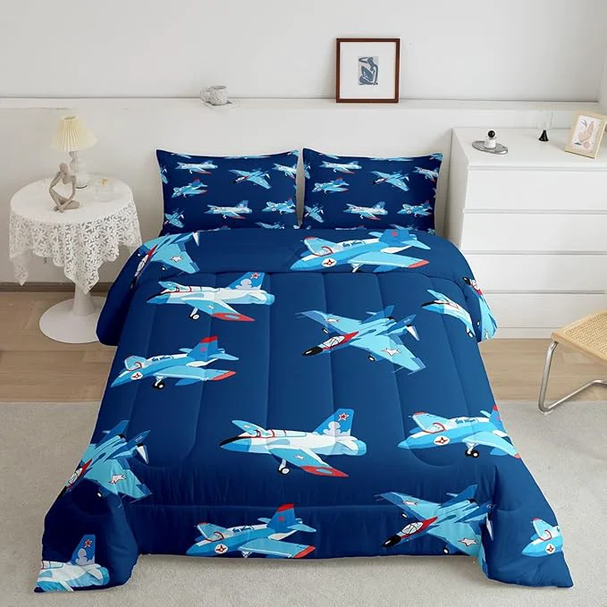 Advanced Kids Aircraft Bed Comforters Set Queen Size Cartoon Transportation Vehicles Super Soft Microfiber Bedding Set for Boys Girls Boys Airplane Navy Blue Room Decorative Comforter Set 2 Pillowcase Safe