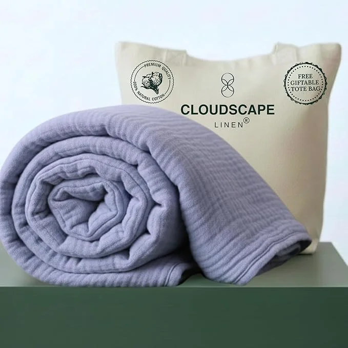 First-Class CLOUDSCAPE Cotton Muslin Blanket King Size for Bed – Oversized 4 Layer 108×92 Fits Cal King – Soft Breathable Gauze Lightweight All Season Layering Summer Blankets for Adults- Lavender Blue Smooth