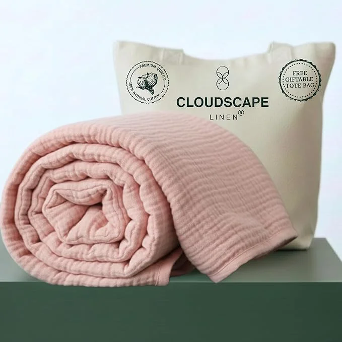 Easy-to-Use CLOUDSCAPE Cotton Muslin Throw Blanket for Adults – 4 Layer 50×70 Oversized Breathable Gauze Bedding All Season Spring Gift Cozy Lightweight Throw for Sofa Couch Home Decor – Seashell Pink Flexible
