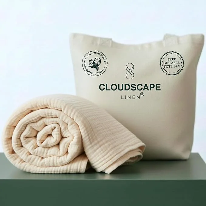 Advanced CLOUDSCAPE Cotton Muslin Throw Blanket for Adults – 4 Layer 50×70 Oversized Breathable Gauze Bedding All Season Spring Gifting Cozy Lightweight Throw for Sofa Couch Home Decor – Ivory Healthy