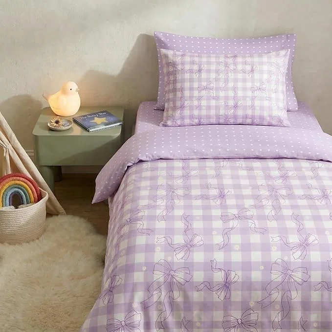 Flexible Light Purple Bowknot Comforter Set Twin Size for Girls Gingham Bedding with Heart Pattern 2 Pcs Checkered Plaid Quilted Comforter Set with 1 Pillowcase 68 quot x86 quot Exceptional